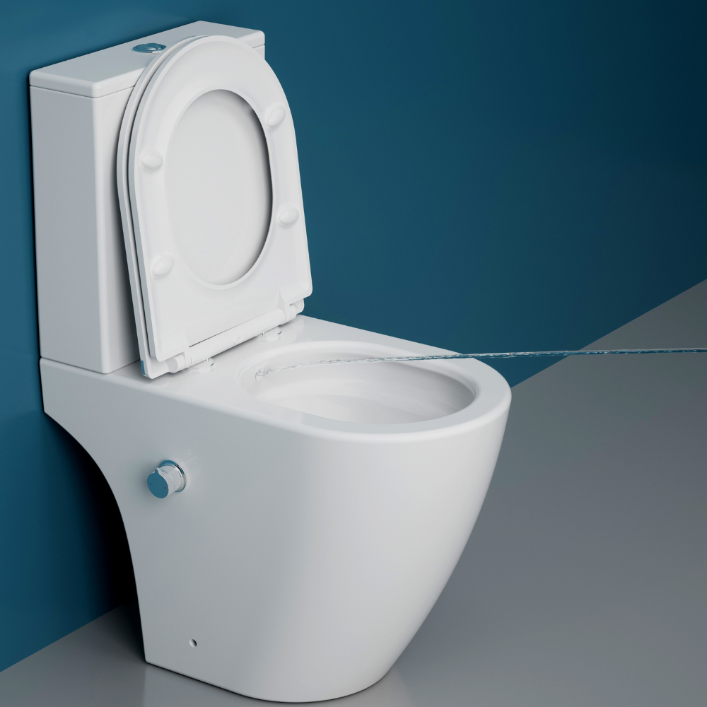 Durovin Bathrooms Modern Rimless Close Coupled Bidet Toilet with Integrated Spray Nozzle & Side Control Valve, White Ceramic Toilet WC Unit
