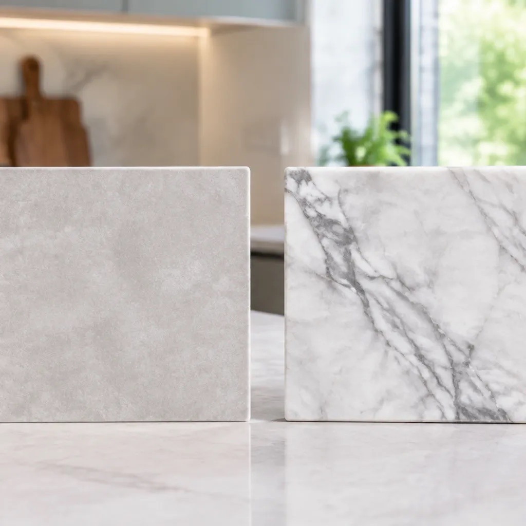 Ceramic and veined marble surfaces compared for a bathroom basin