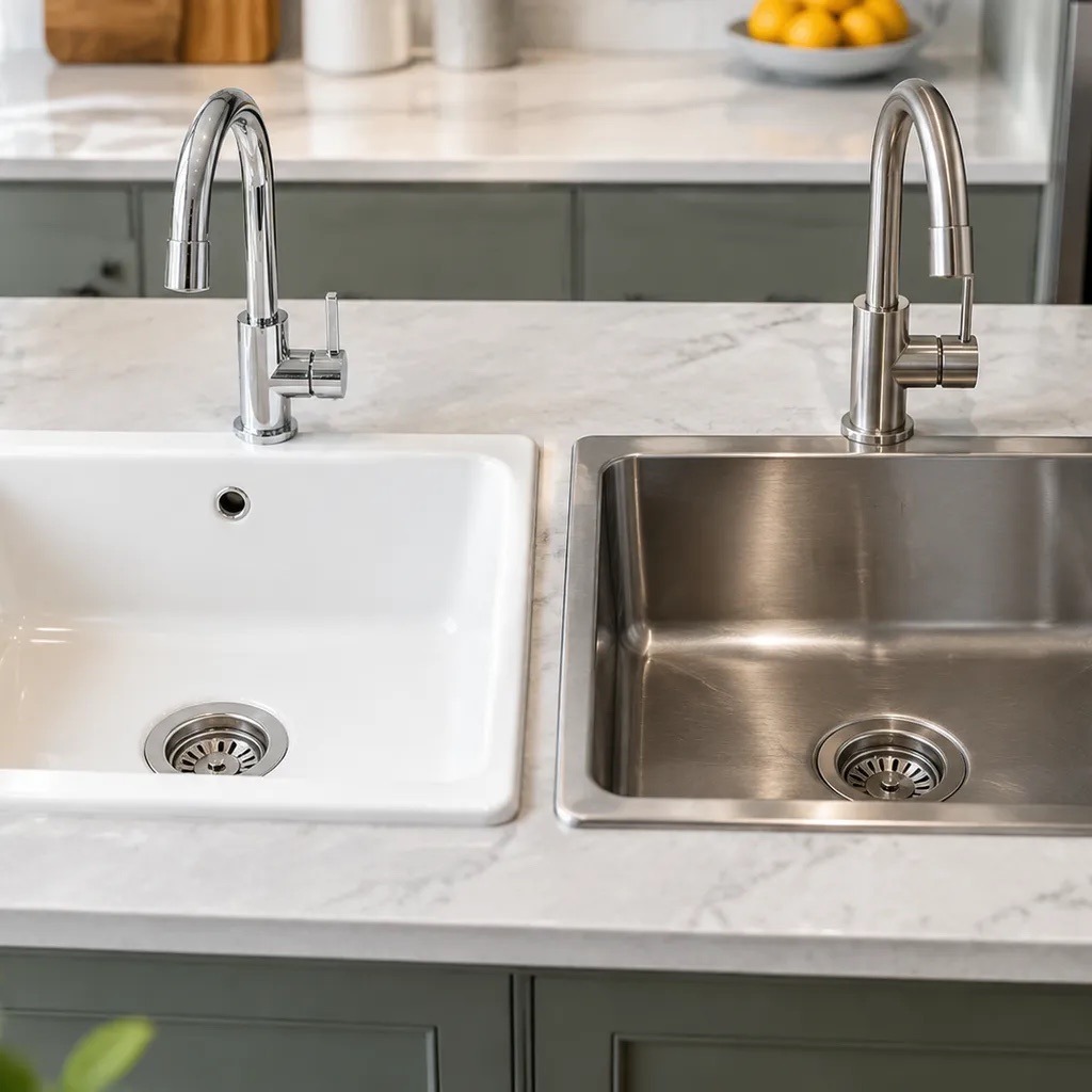 Inset ceramic and stainless steel basins compared on a worktop