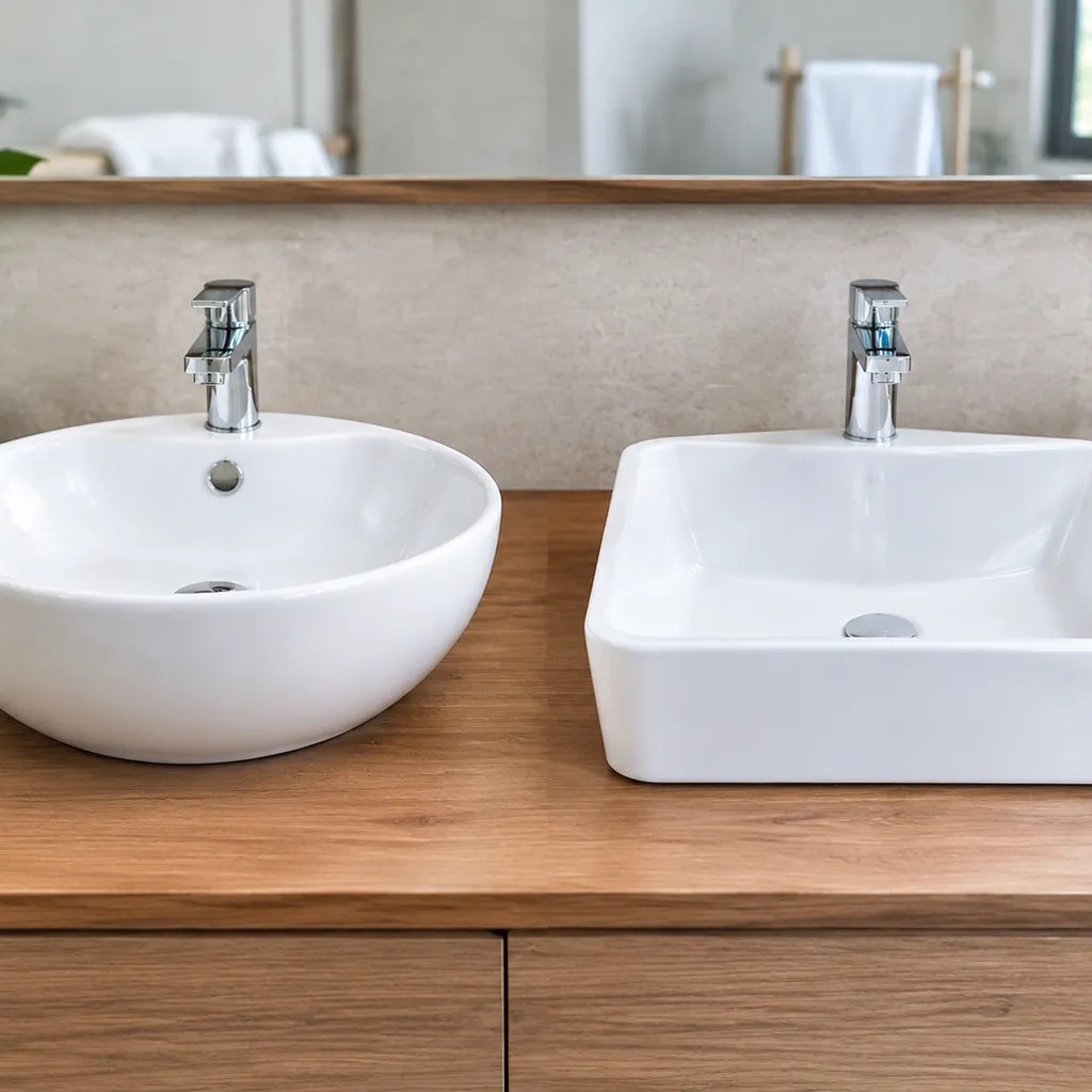Round and square countertop basins on a wooden vanity
