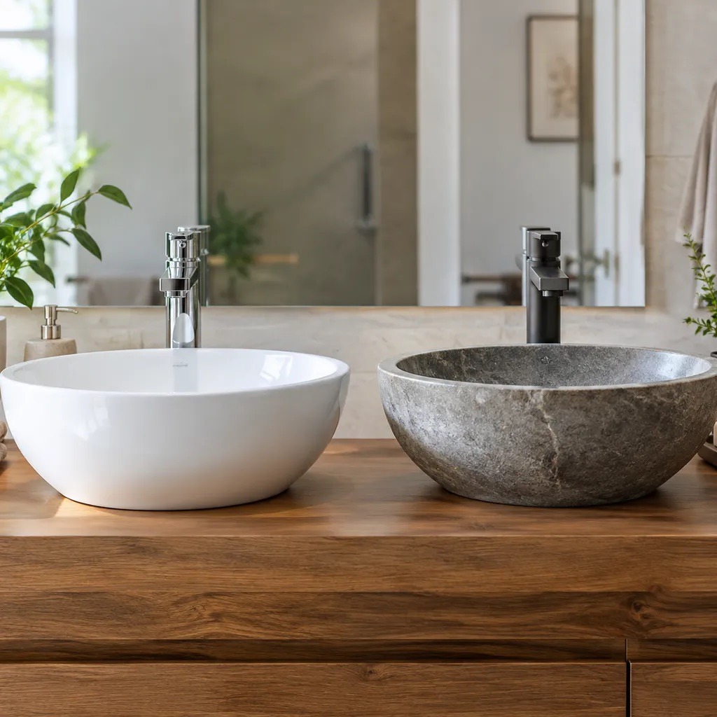 White ceramic basin beside a natural stone basin on a wooden vanity