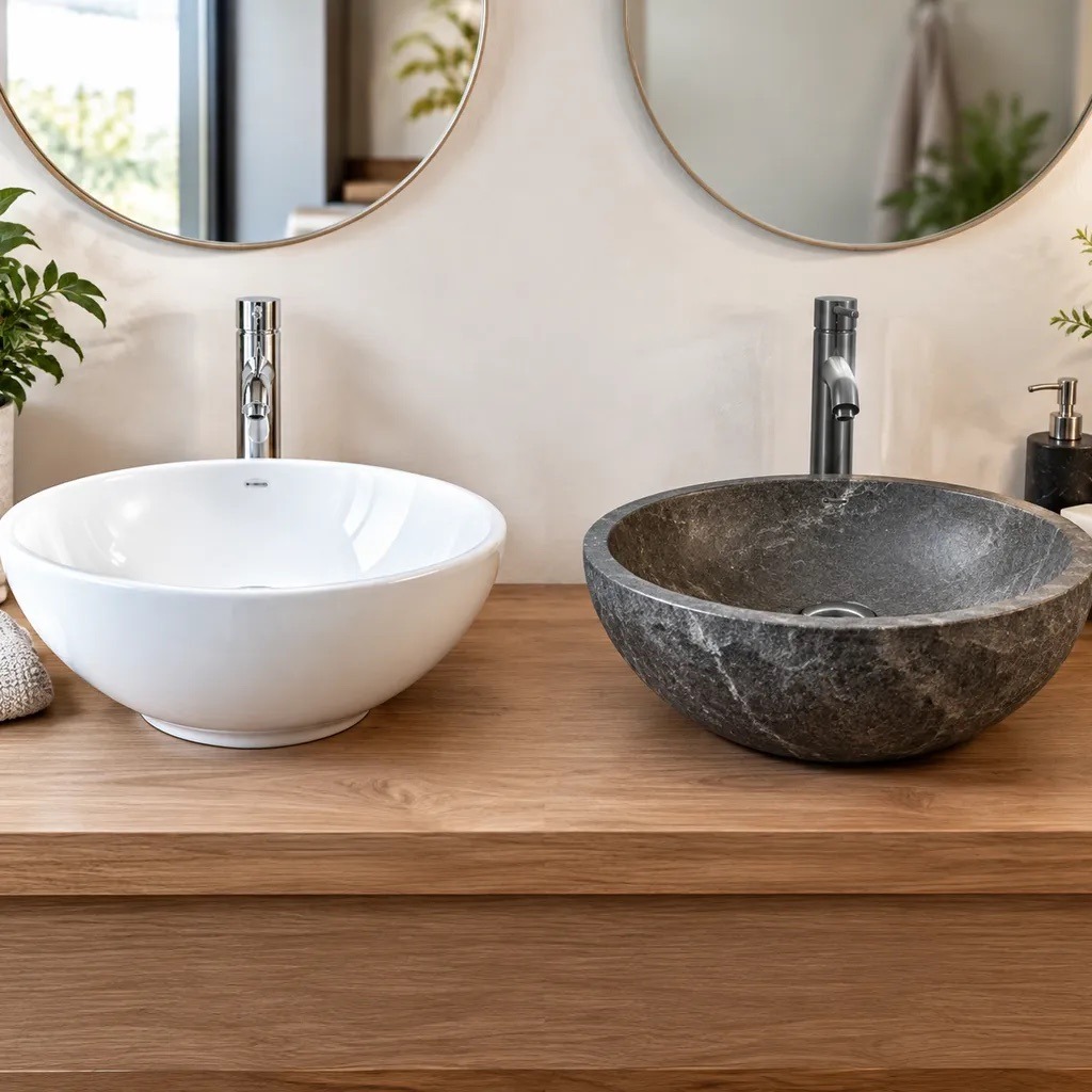Ceramic and stone vessel basins compared side by side