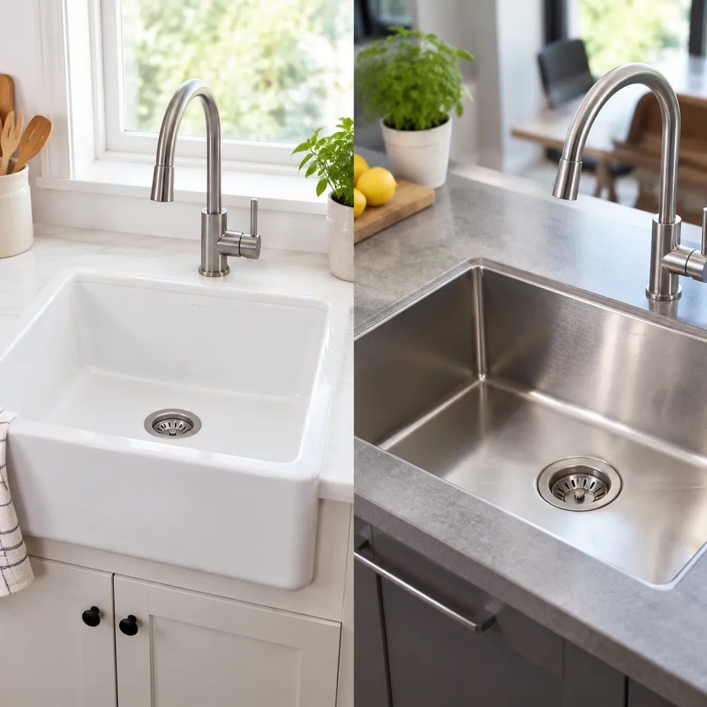 White ceramic basin next to a stainless steel basin