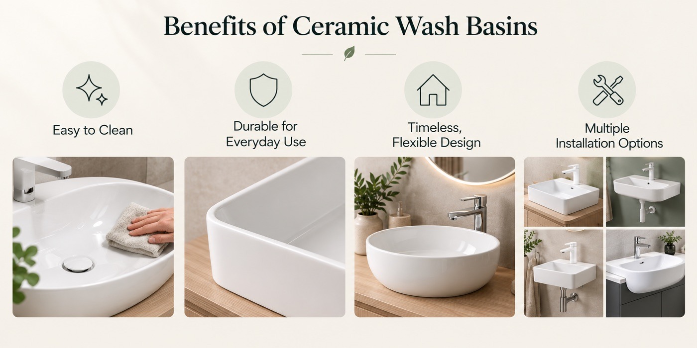 Ceramic wash basin benefits infographic