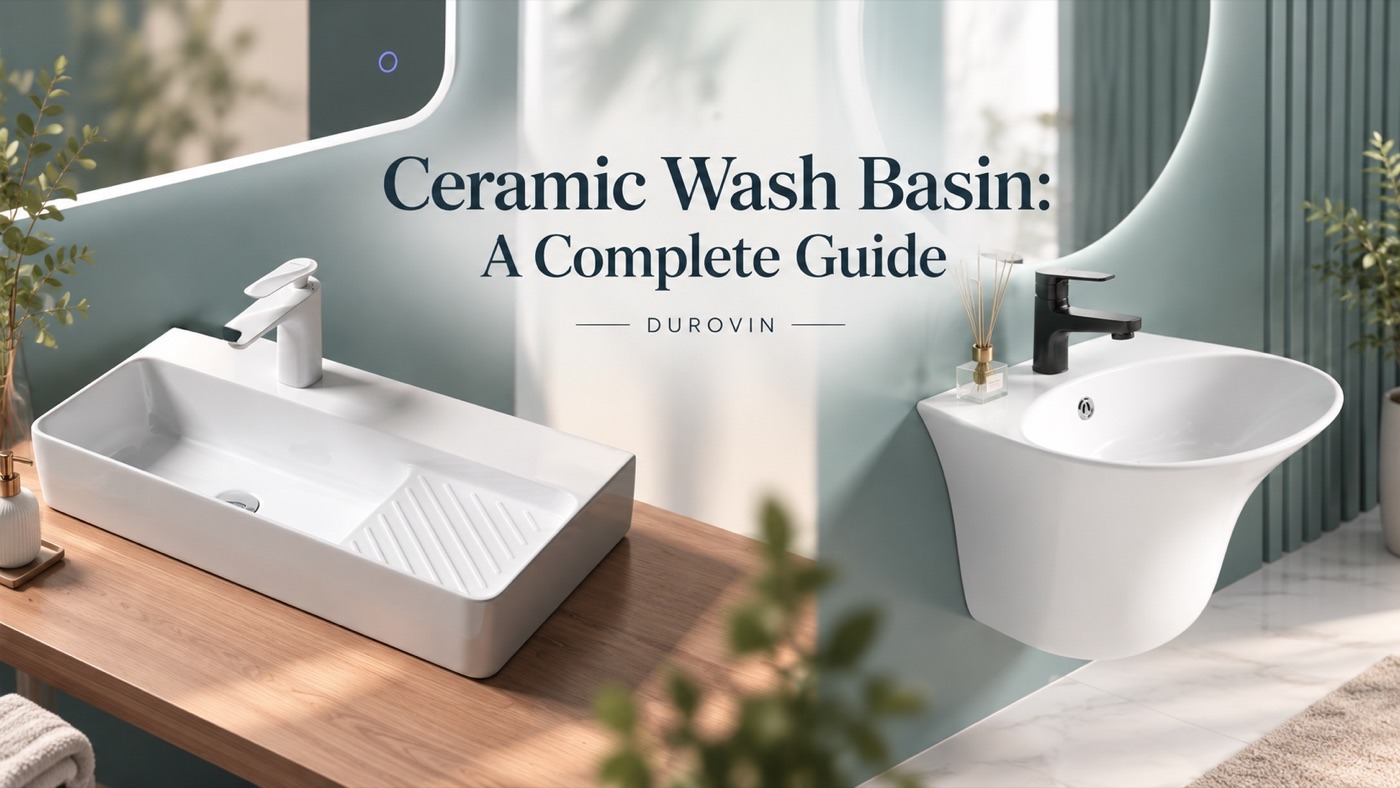 White ceramic countertop and wall-hung wash basins in a modern bathroom