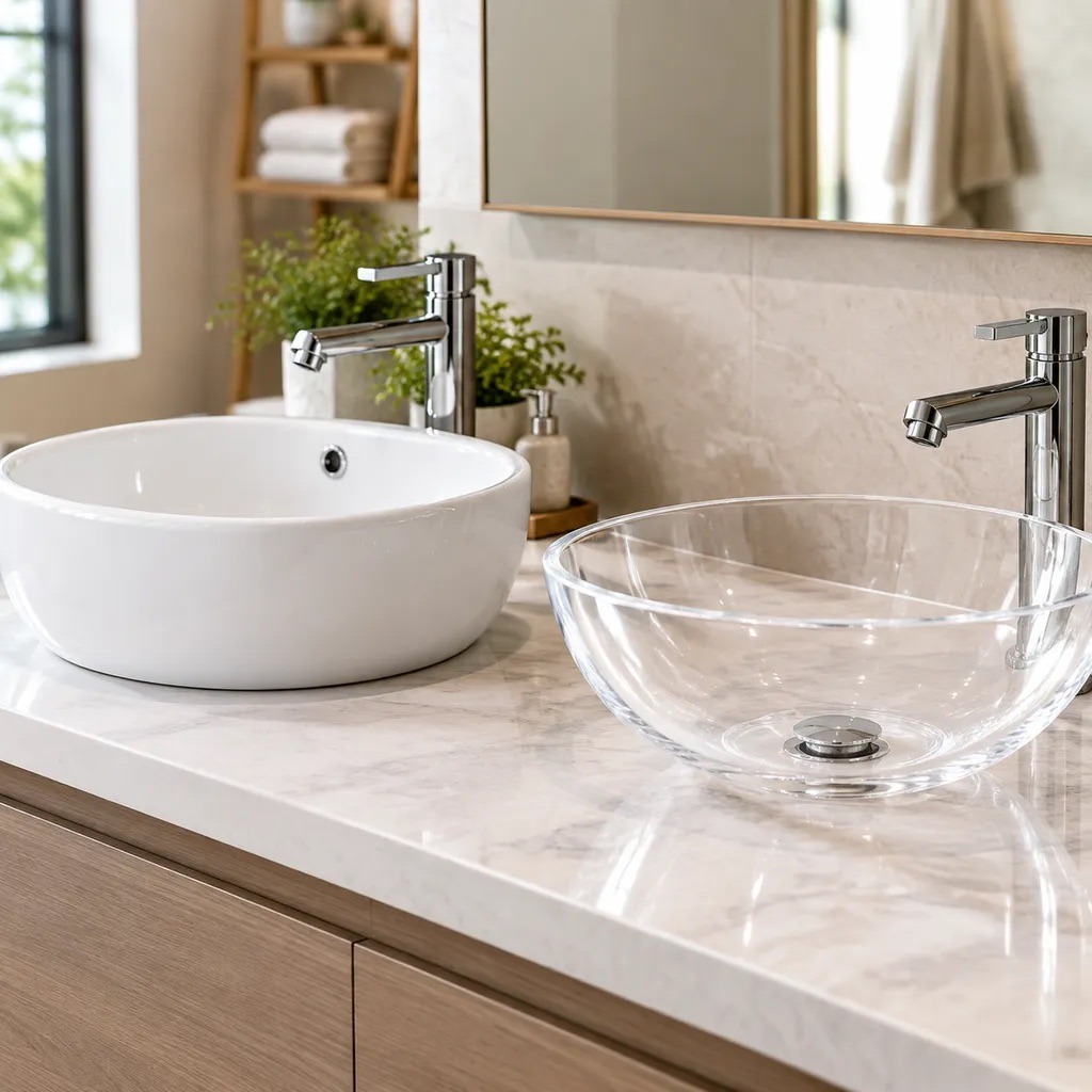 Ceramic basin and clear basin side by side on a bathroom vanity
