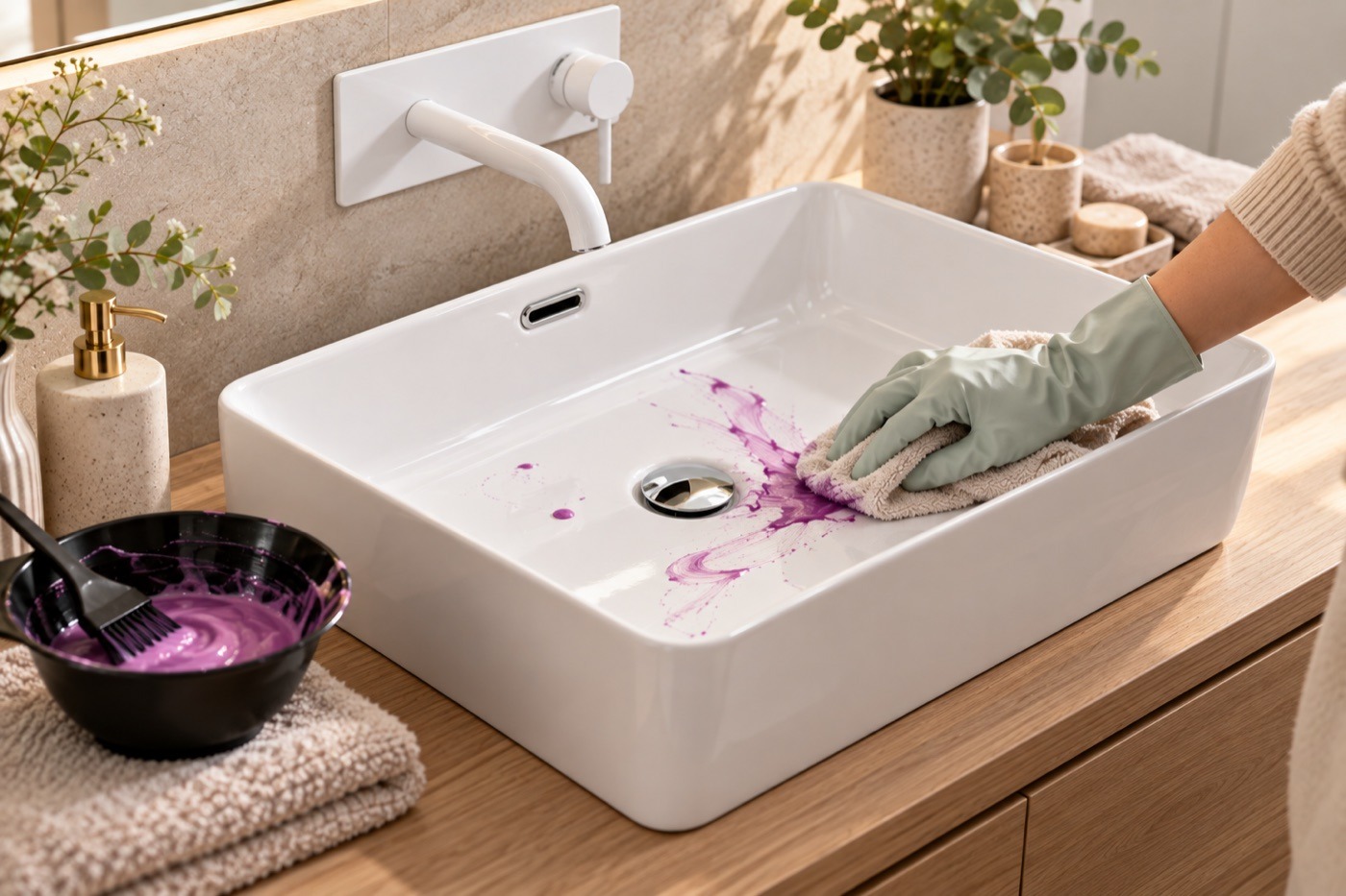 Gloved hand gently wiping purple hair dye from a white bathroom basin with a soft cloth