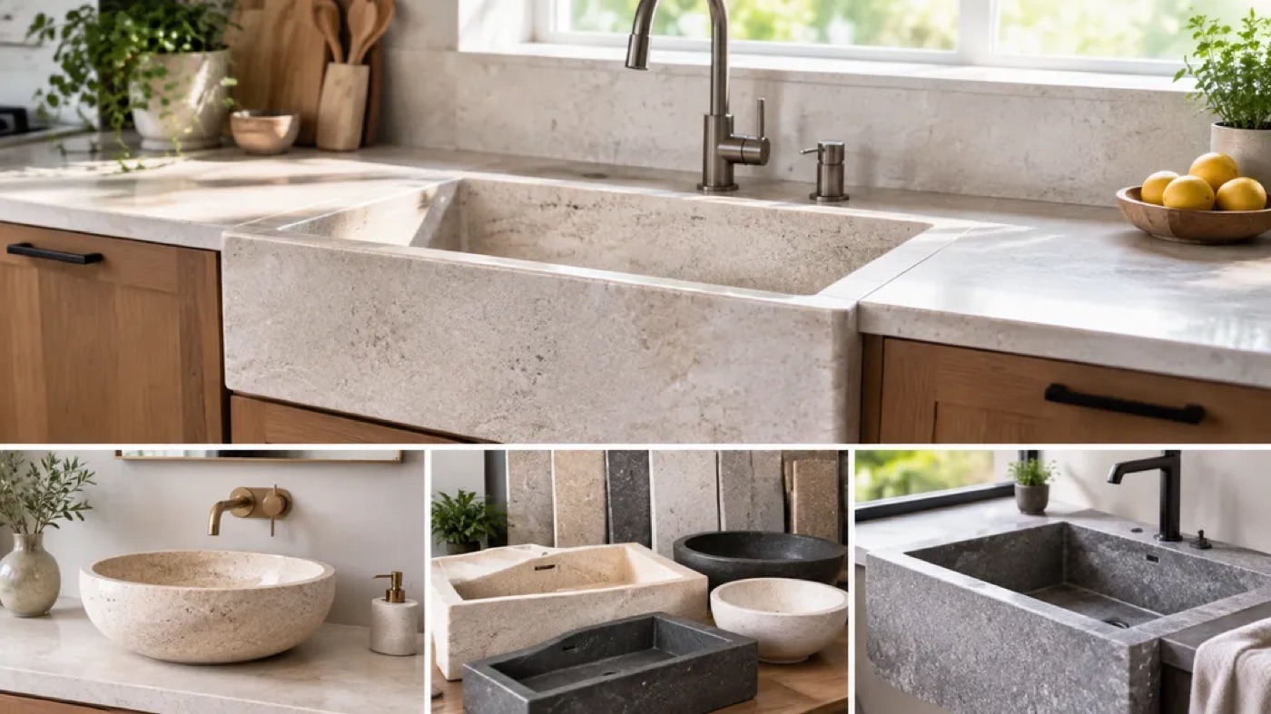 Limestone sink styles including farmhouse, vessel and rectangular wall-hung basins