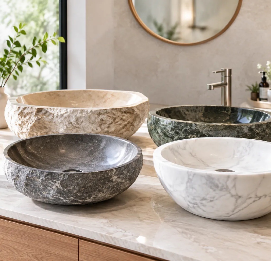 Four natural stone basins in travertine, granite, green marble and white marble