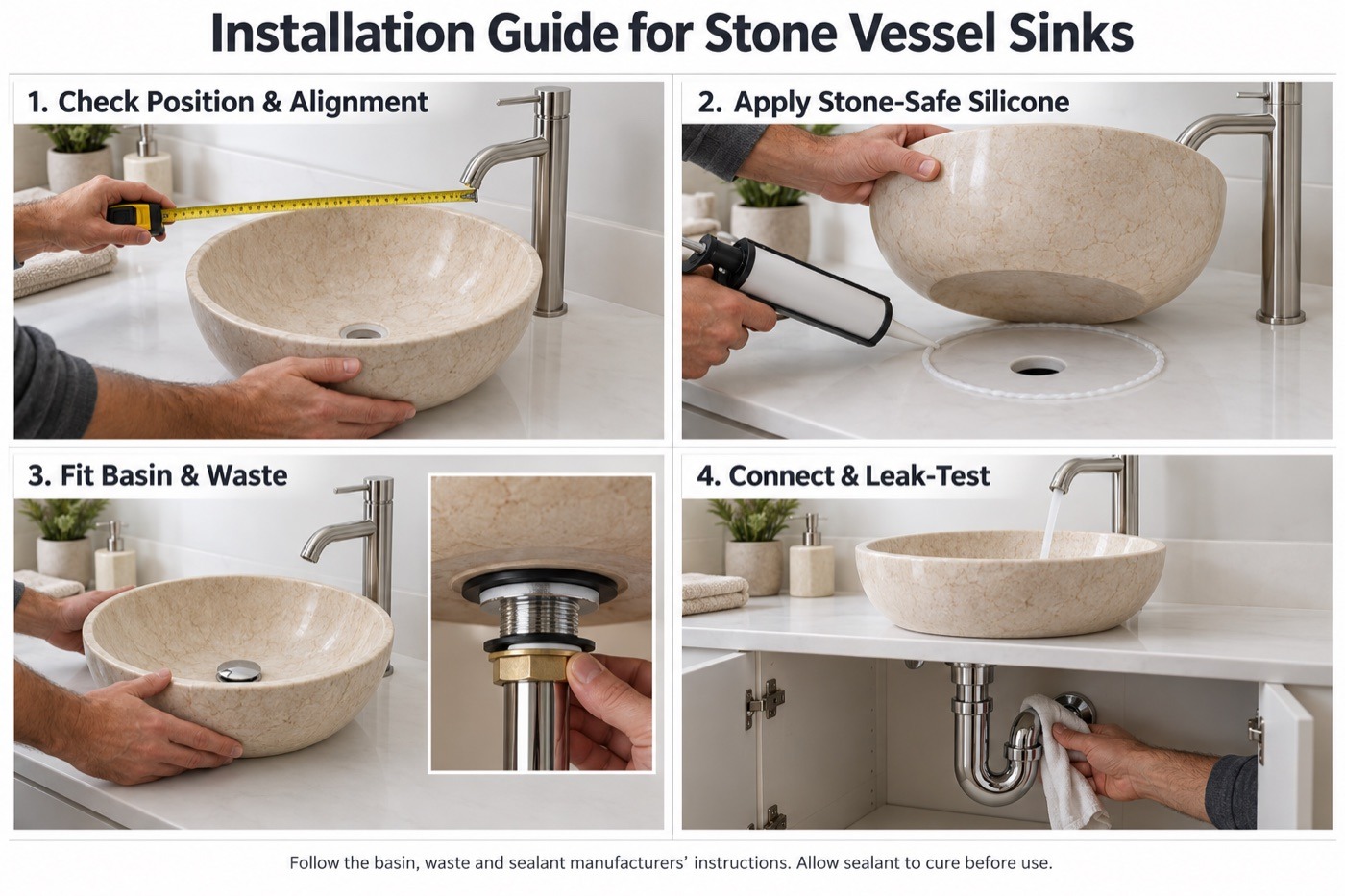 Four step guide to installing a stone vessel sink: align, apply silicone, fit waste, leak test